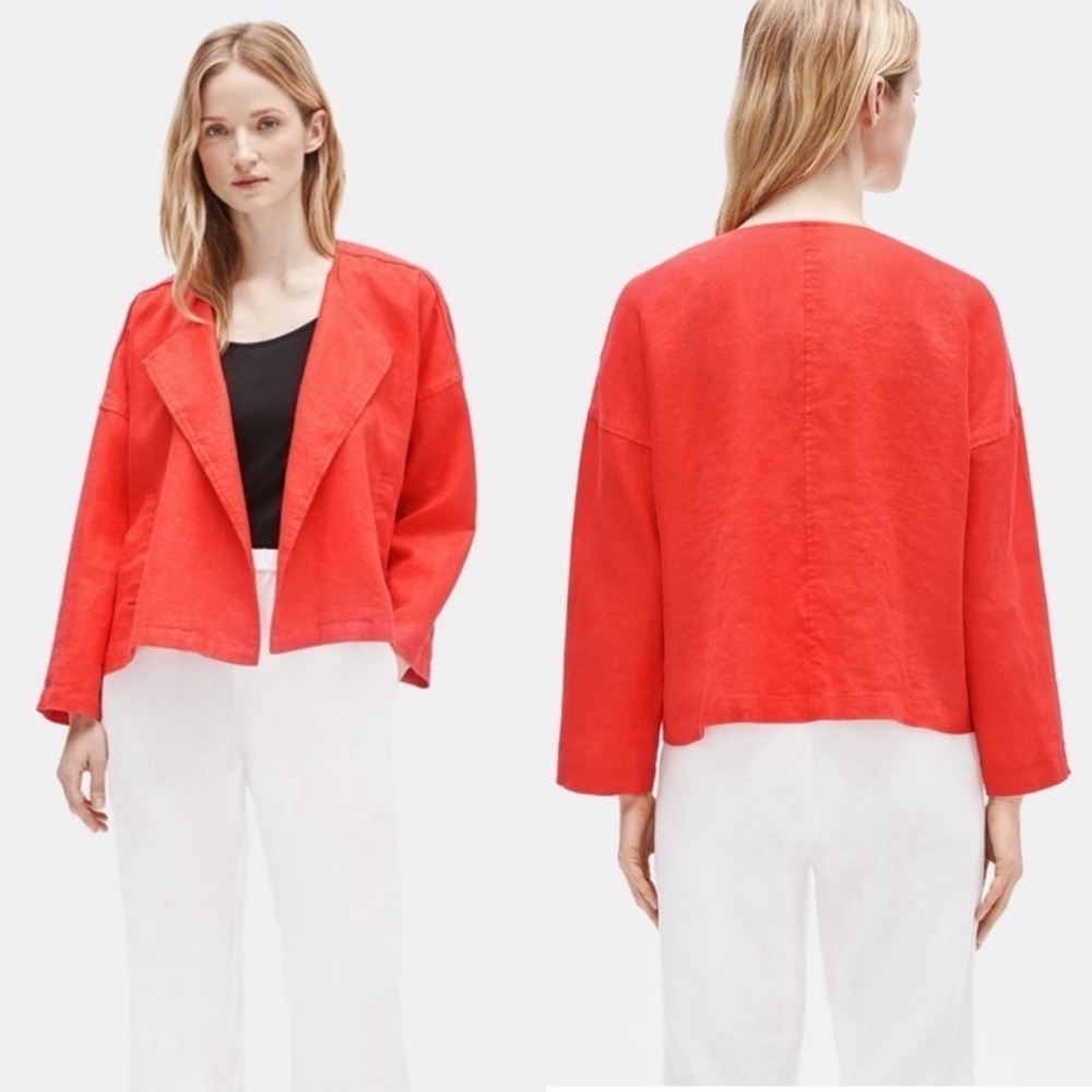 NWT Eileen Fisher Med Heavy Organic Linen Drape Front Jacket Boxy Fit Geranium